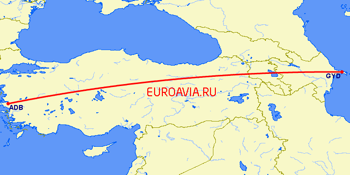 перелет Измир — Баку на карте