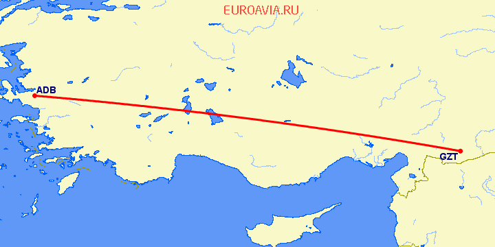 перелет Измир — Газиантеп на карте
