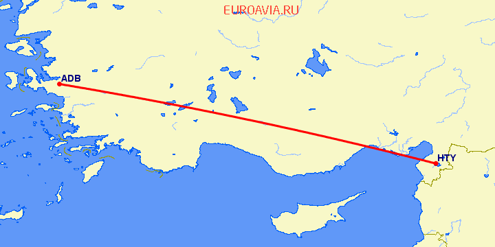 перелет Измир — Антакья на карте