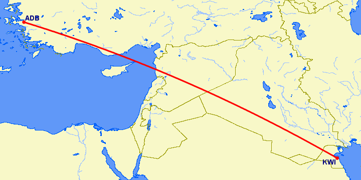 перелет Измир — Кувейт на карте