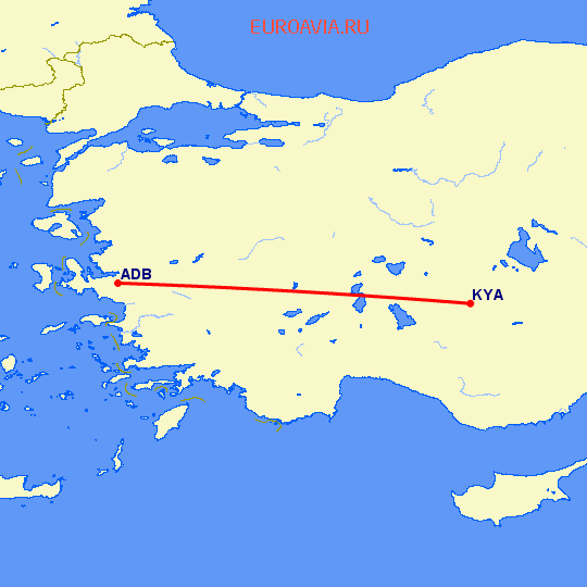перелет Измир — Конья на карте