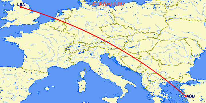 перелет Измир — Лидс на карте