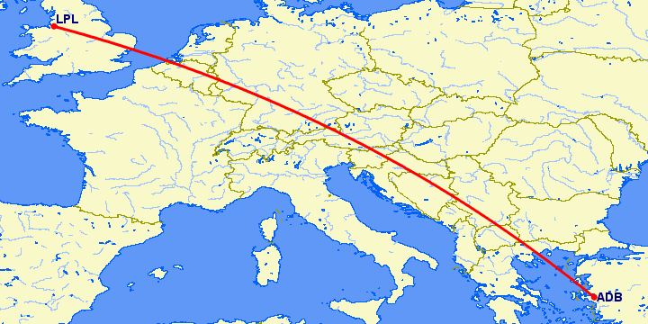 перелет Измир — Ливерпуль на карте