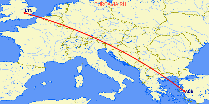 перелет Измир — Luton на карте