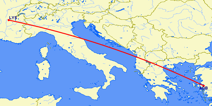 перелет Измир — Лион на карте