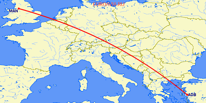 перелет Измир — Манчестер на карте