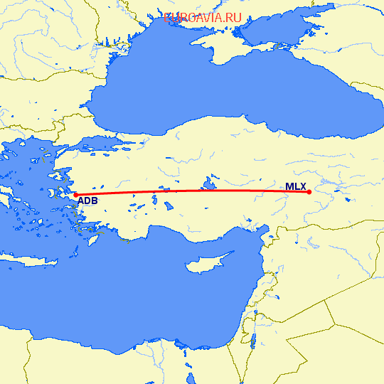 перелет Измир — Малатия на карте
