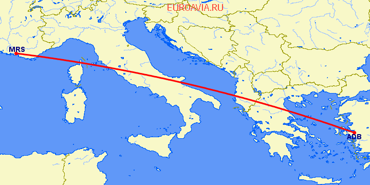 перелет Измир — Марсель на карте