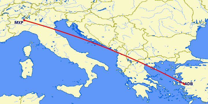 перелет Измир — Милан на карте
