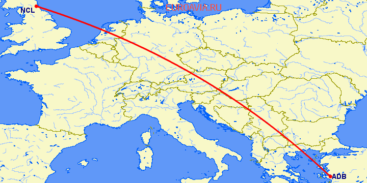 перелет Измир — Ньюкасл на карте