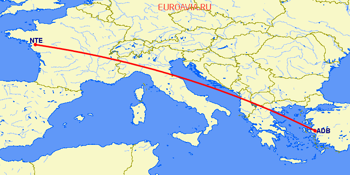 перелет Измир — Нант на карте