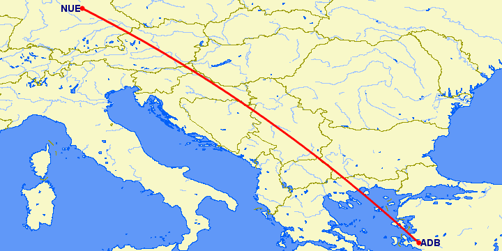 перелет Измир — Нюремберг на карте