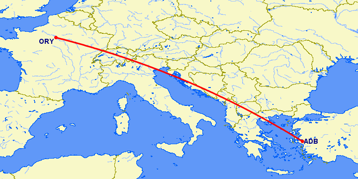 перелет Измир — Париж на карте