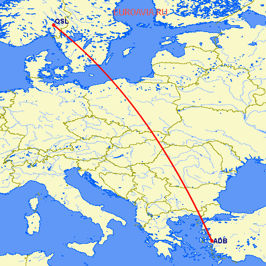 перелет Измир — Осло на карте