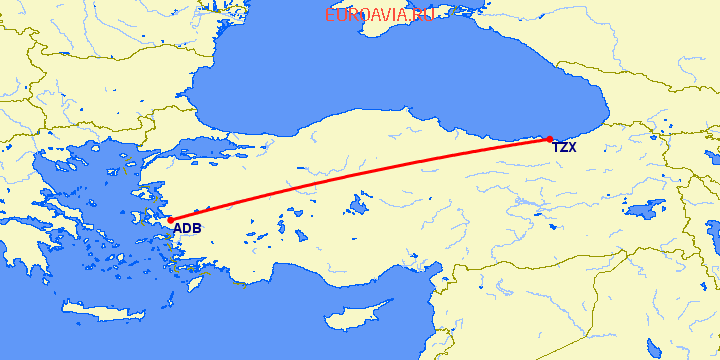 перелет Измир — Трабзон на карте