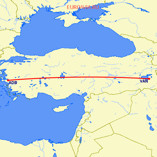 перелет Измир — Ван на карте