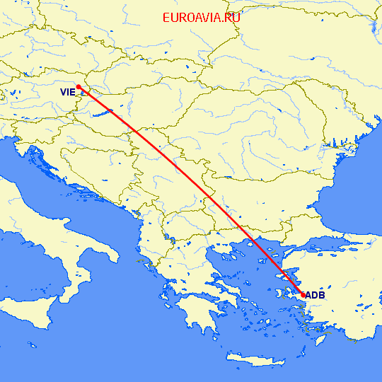 перелет Измир — Вена на карте