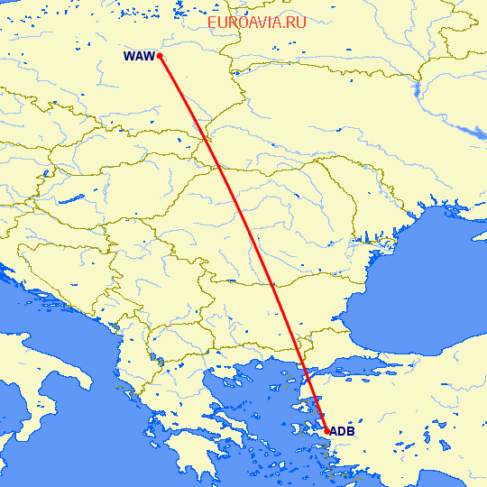 перелет Измир — Варшава на карте