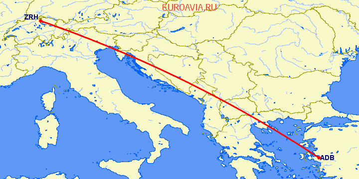перелет Измир — Цюрих на карте