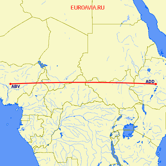 перелет Аддис Абеба — Абуджа на карте