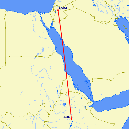 перелет Аддис Абеба — Амман на карте