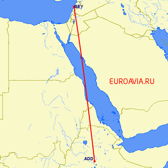 перелет Аддис Абеба — Бейрут на карте