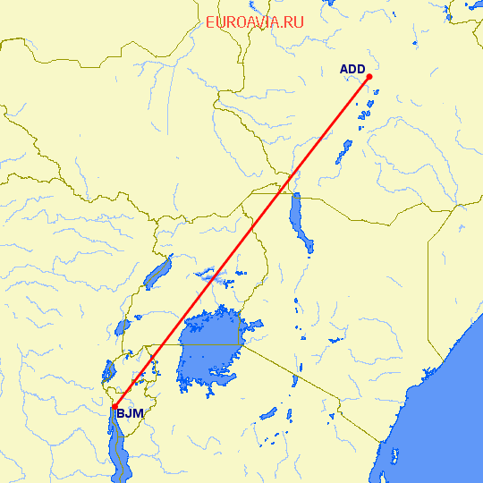 перелет Аддис Абеба — Bujumbura на карте