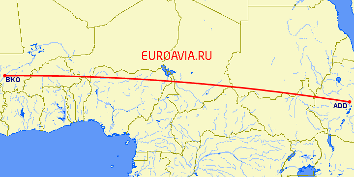 перелет Аддис Абеба — Бамако на карте