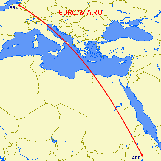 перелет Аддис Абеба — Брюссель на карте