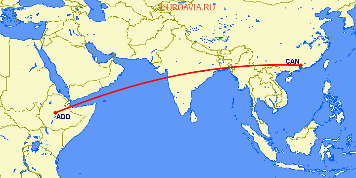 перелет Аддис Абеба — Гуанчжоу на карте
