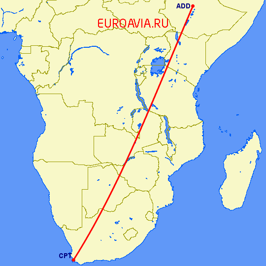 перелет Аддис Абеба — Кейптаун на карте