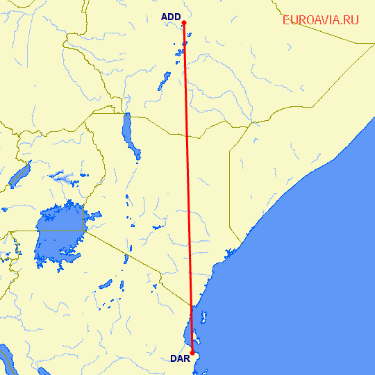 перелет Аддис Абеба — Дар Ес Салаам на карте