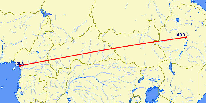 перелет Аддис Абеба — Дуала на карте