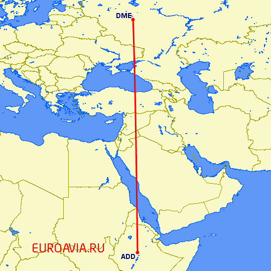 перелет Аддис Абеба — Москва на карте