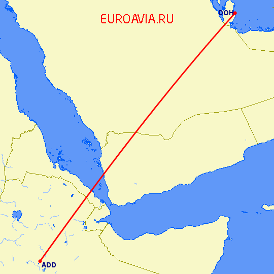 перелет Аддис Абеба — Доха на карте