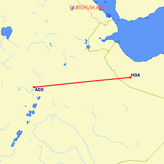 перелет Аддис Абеба — Харгейса на карте