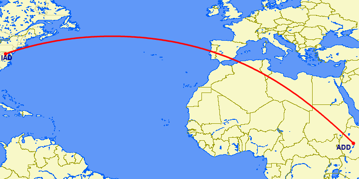 перелет Аддис Абеба — Вашингтон на карте