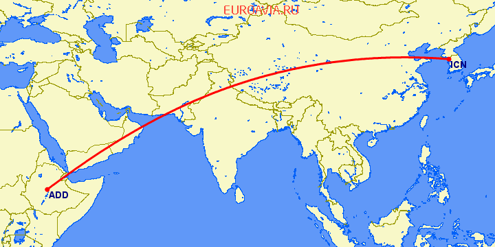 перелет Аддис Абеба — Сеул на карте