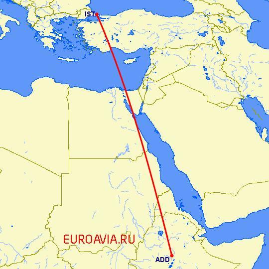 перелет Аддис Абеба — Стамбул на карте