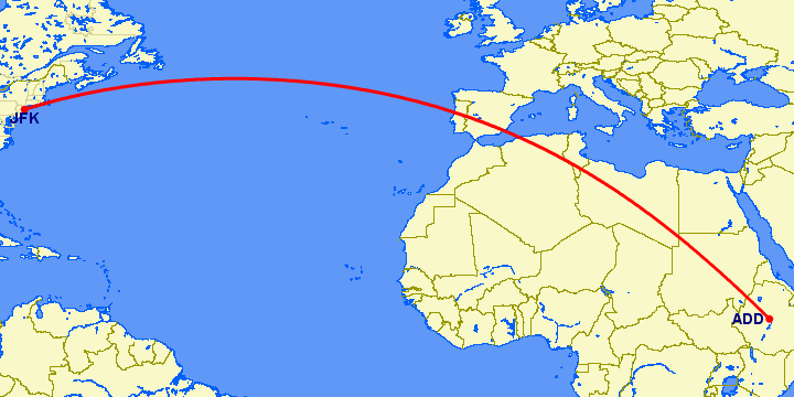 перелет Аддис Абеба — Нью Йорк на карте