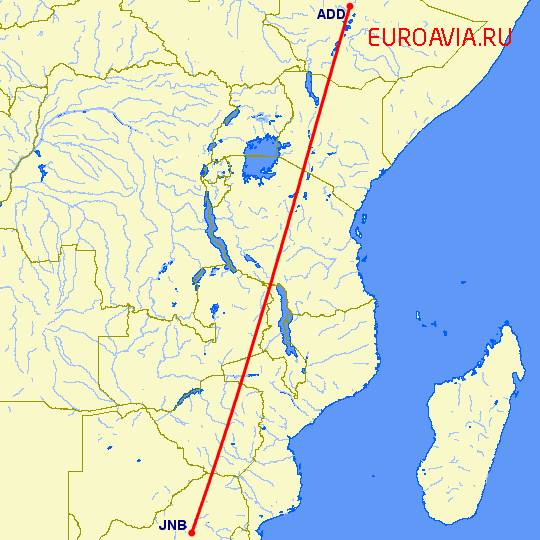 перелет Аддис Абеба — Йоханнесбург на карте
