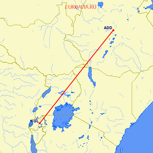 перелет Аддис Абеба — Кигали на карте