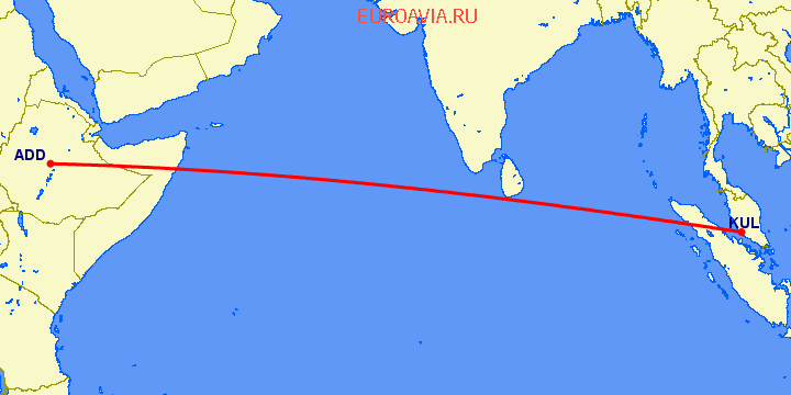 перелет Аддис Абеба — Куала Лумпур на карте