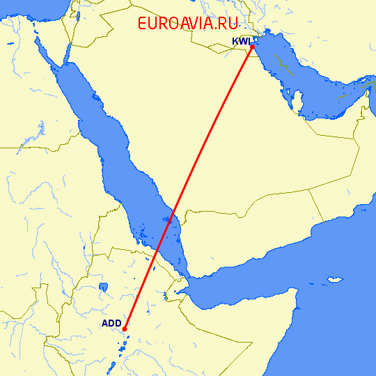 перелет Аддис Абеба — Кувейт на карте
