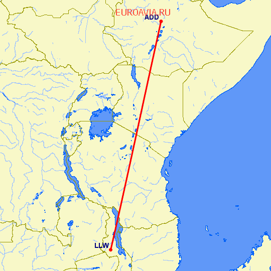 перелет Аддис Абеба — Lilongwe на карте