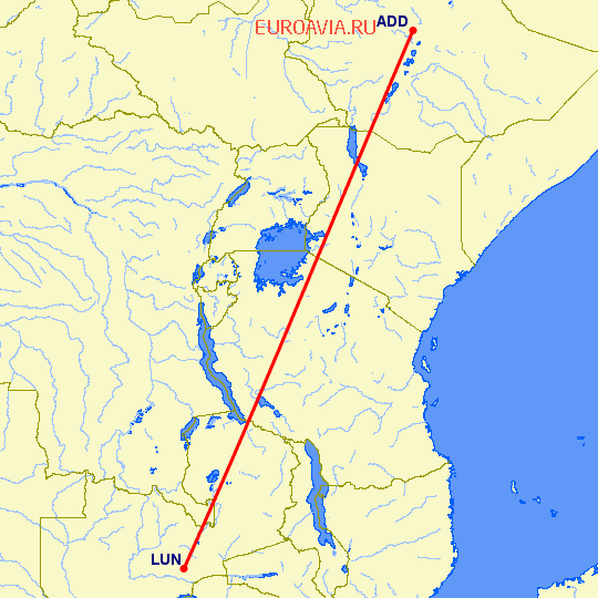 перелет Аддис Абеба — Лусака на карте