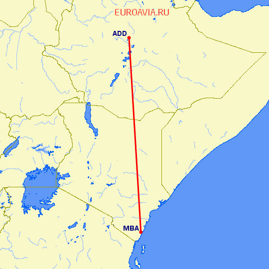 перелет Аддис Абеба — Момбаса на карте