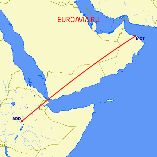 перелет Аддис Абеба — Маскат на карте