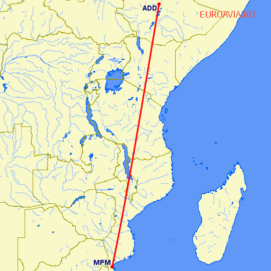 перелет Аддис Абеба — Мапуту на карте