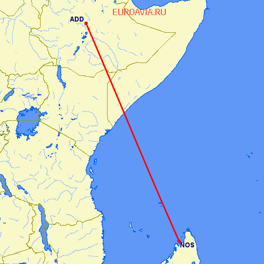 перелет Аддис Абеба — Nossi-Be на карте